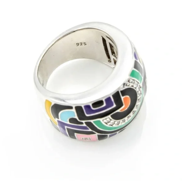 Belle Etoile Silver Enamel Mosaic Geometric Art Deco Motif Ring Size 6.5